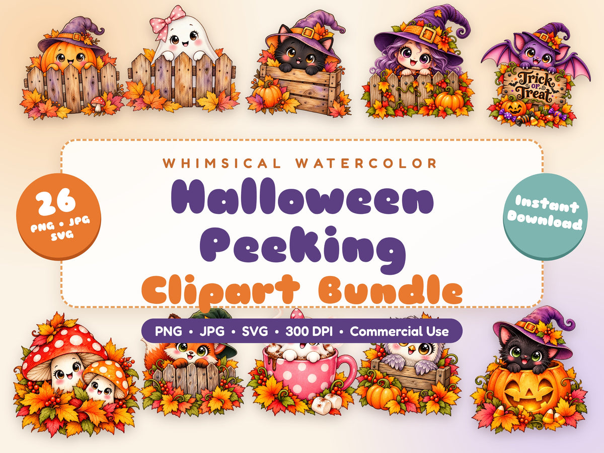Halloween Peeking Clipart Bundle – 26 Watercolor PNG, JPG & SVG