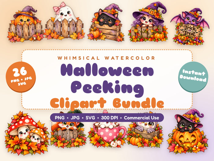 Halloween Peeking Clipart Bundle – 26 Watercolor PNG, JPG & SVG