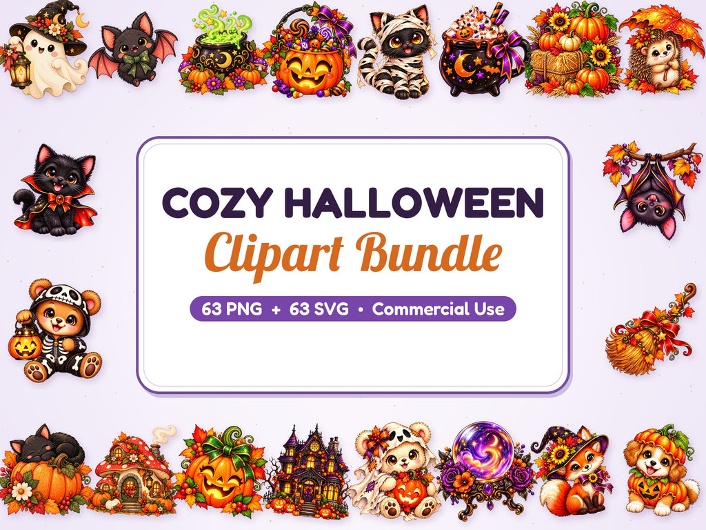 Cute Halloween Clipart Bundle, 63 PNG SVG, Cozy Fall Clipart, Kawaii Ghost Black Cat Pumpkin, Transparent PNG, Commercial Use Download
