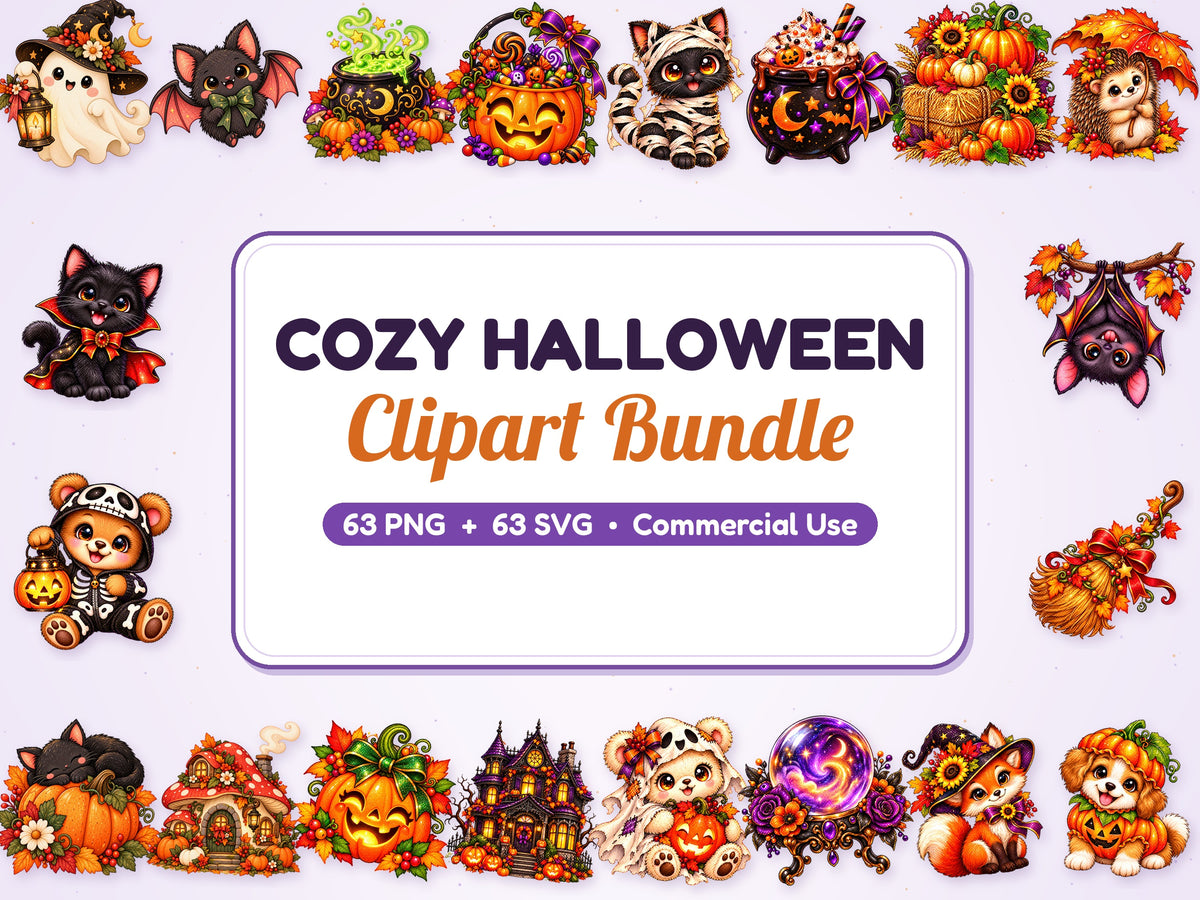 Cute Halloween Clipart Bundle, 63 PNG SVG, Cozy Fall Clipart, Kawaii Ghost Black Cat Pumpkin, Transparent PNG, Commercial Use Download