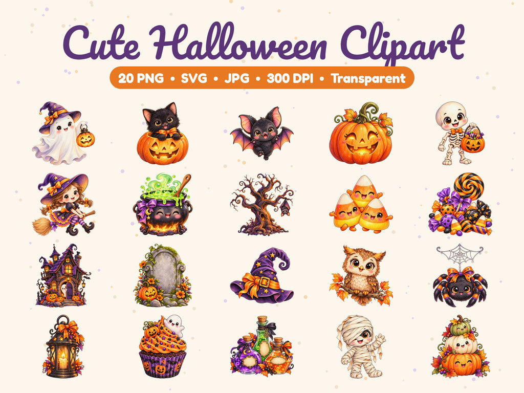 20 Cute Watercolor Halloween Clipart Bundle – PNG, SVG & JPG