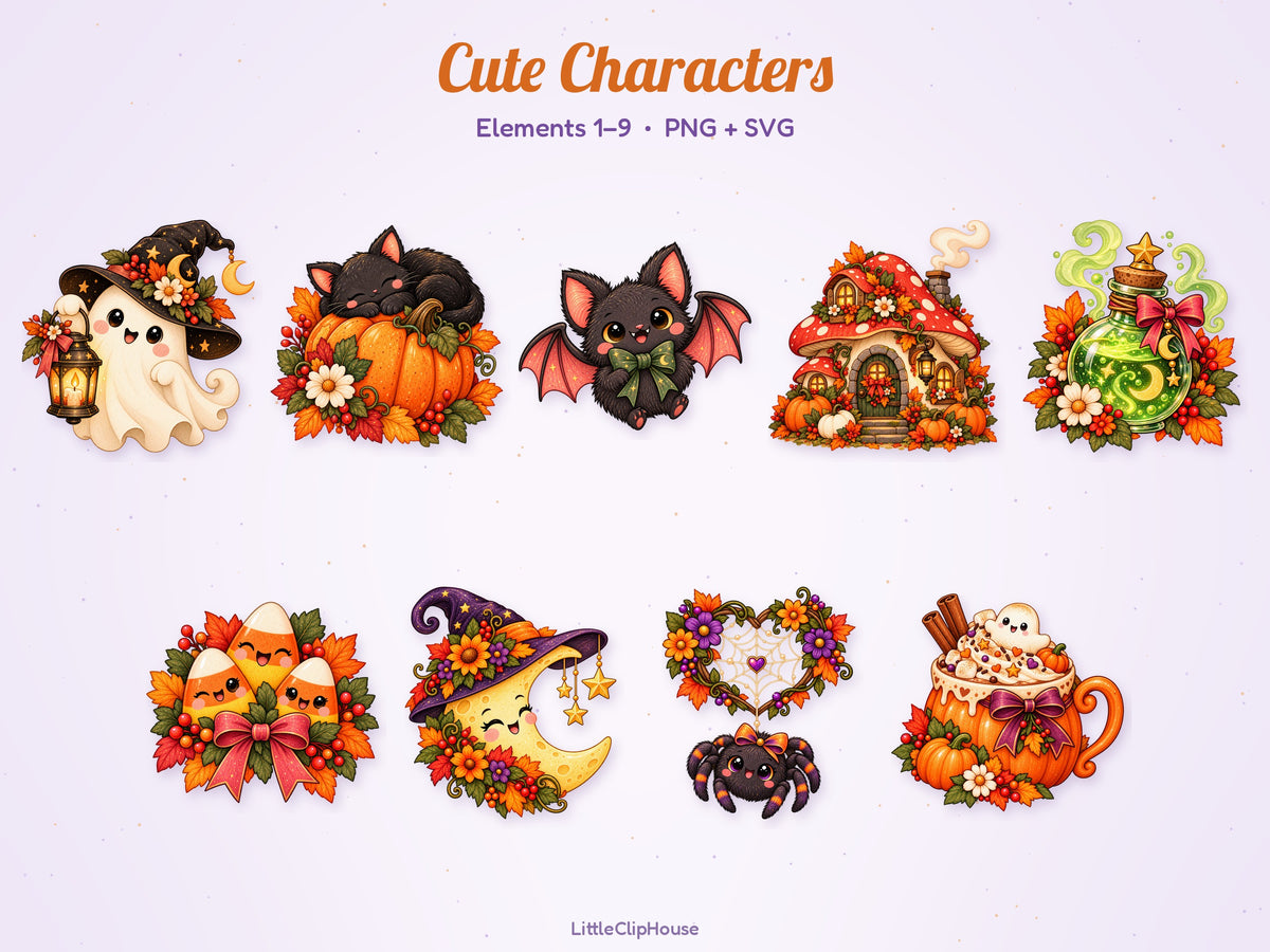 Cute Halloween Clipart Bundle, 63 PNG SVG, Cozy Fall Clipart, Kawaii Ghost Black Cat Pumpkin, Transparent PNG, Commercial Use Download