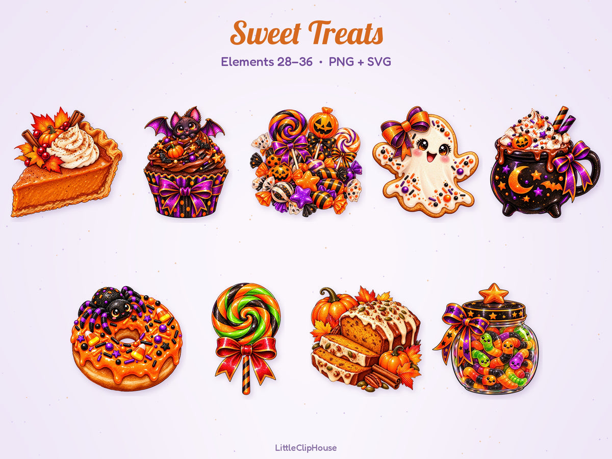 Cute Halloween Clipart Bundle, 63 PNG SVG, Cozy Fall Clipart, Kawaii Ghost Black Cat Pumpkin, Transparent PNG, Commercial Use Download