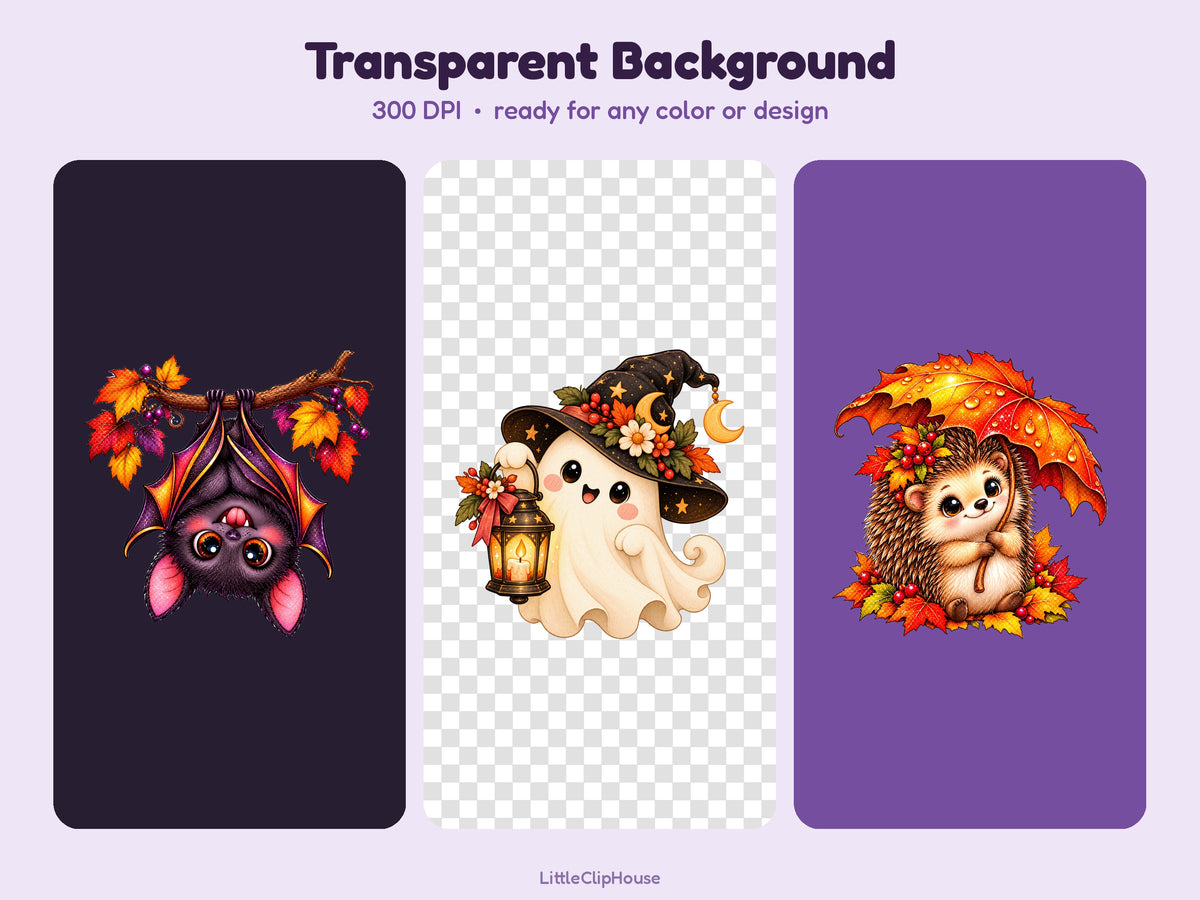 Cute Halloween Clipart Bundle, 63 PNG SVG, Cozy Fall Clipart, Kawaii Ghost Black Cat Pumpkin, Transparent PNG, Commercial Use Download