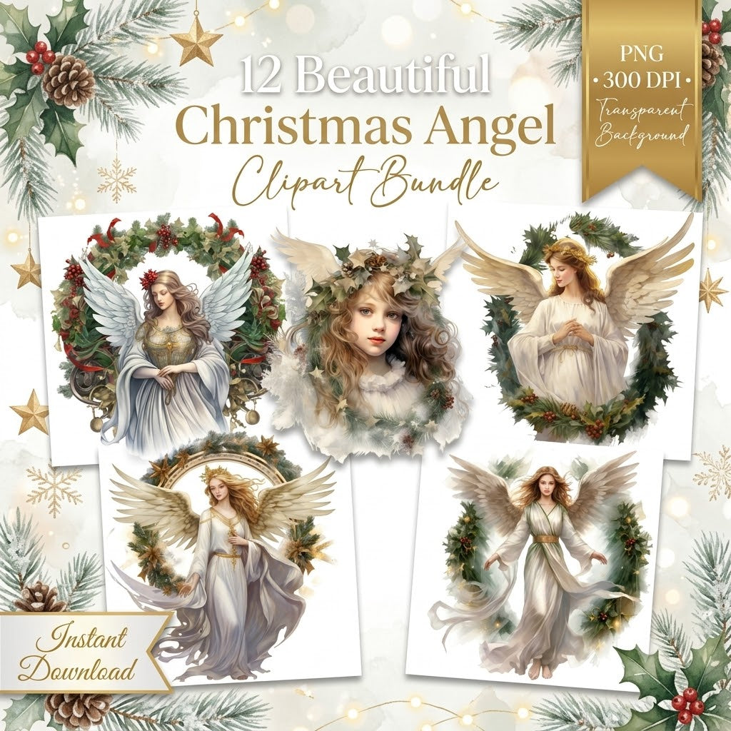 12 Beautiful Christmas Angel Clipart PNG Bundle