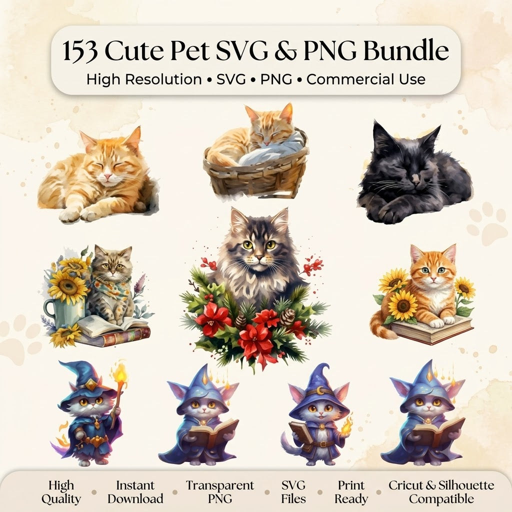 153 Cute Cat Clipart and PNG Bundle