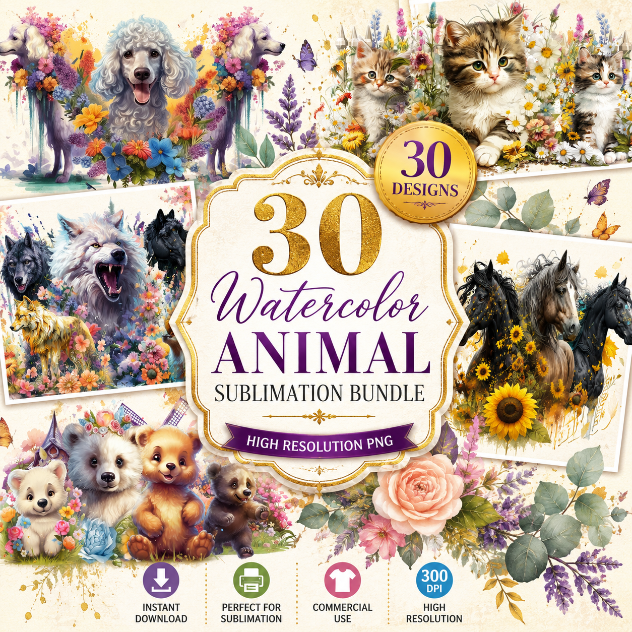 30-Watercolor-Animals-Sublimation-Bundle