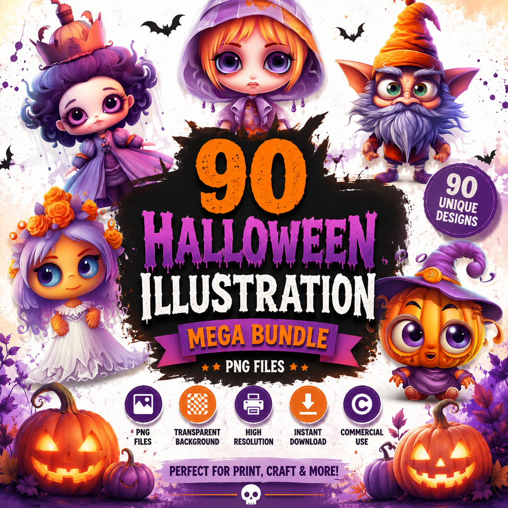 90 Halloween Illustration Mega Bundle | Spooky PNG & Digital Clipart