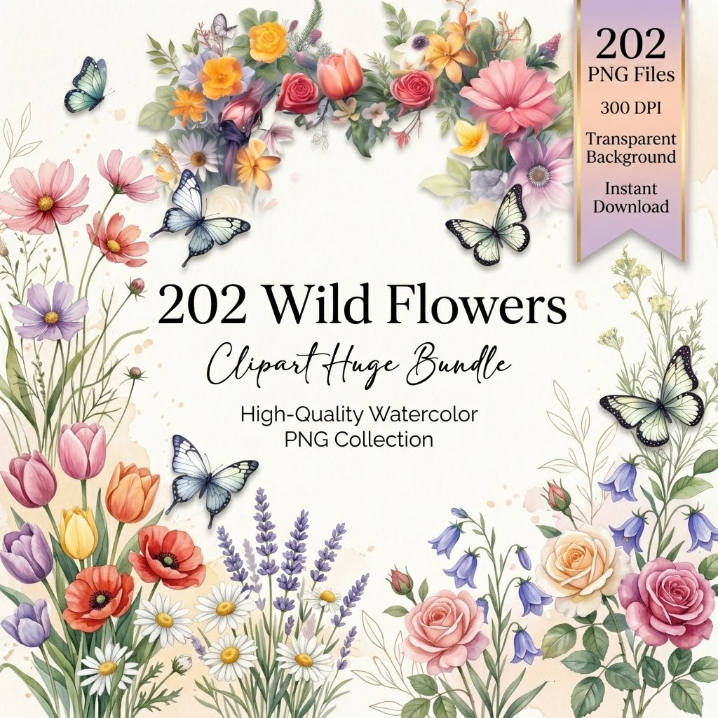 200 Wild Flowers Clipart Huge Bundle | Watercolor Floral PNG Bundle | Transparent PNG Flowers | Botanical Clipart | Instant Download Floral Sublimation PNG Bundle
