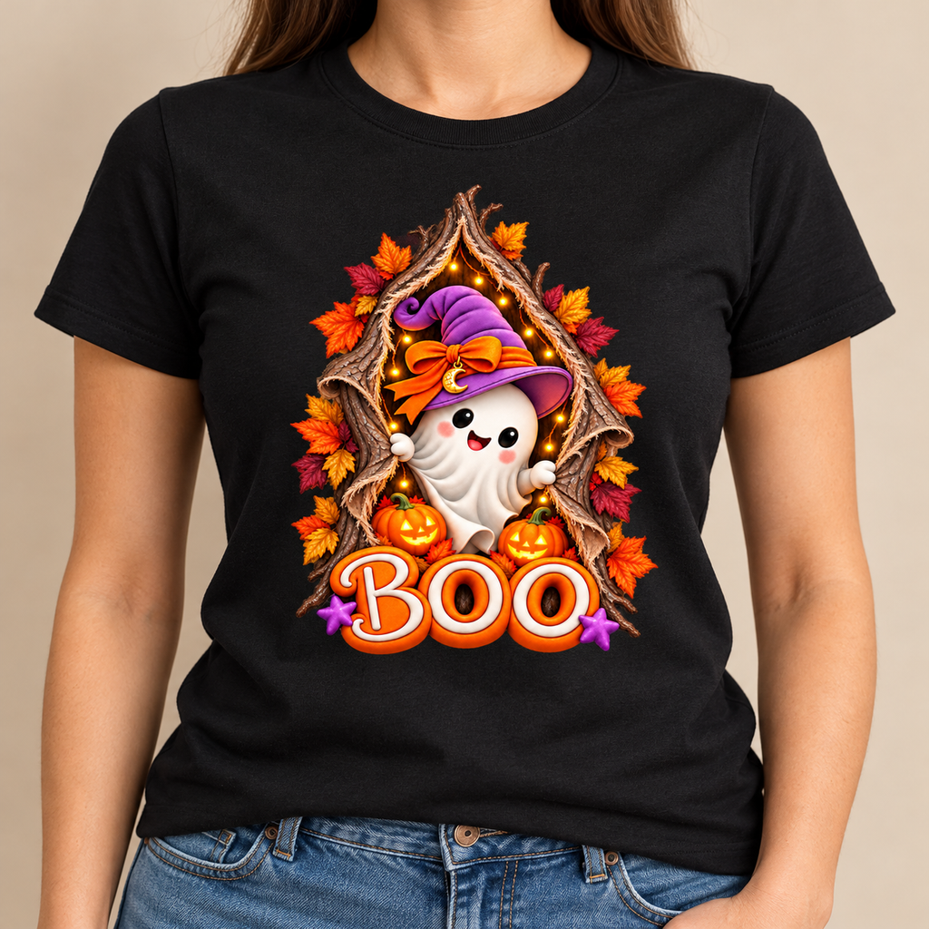 Cute Halloween Ghost PNG, BOO Tree Design with Witch Hat & Pumpkins, Transparent  Digital Download
