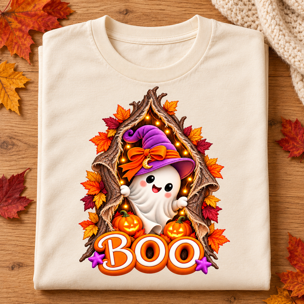 Cute Halloween Ghost PNG, BOO Tree Design with Witch Hat & Pumpkins, Transparent  Digital Download