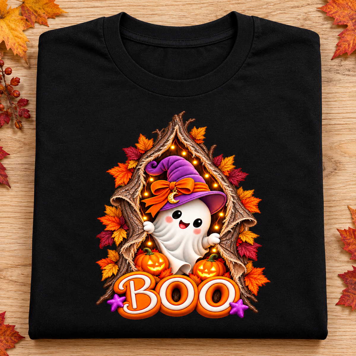Cute Halloween Ghost PNG, BOO Tree Design with Witch Hat & Pumpkins, Transparent  Digital Download