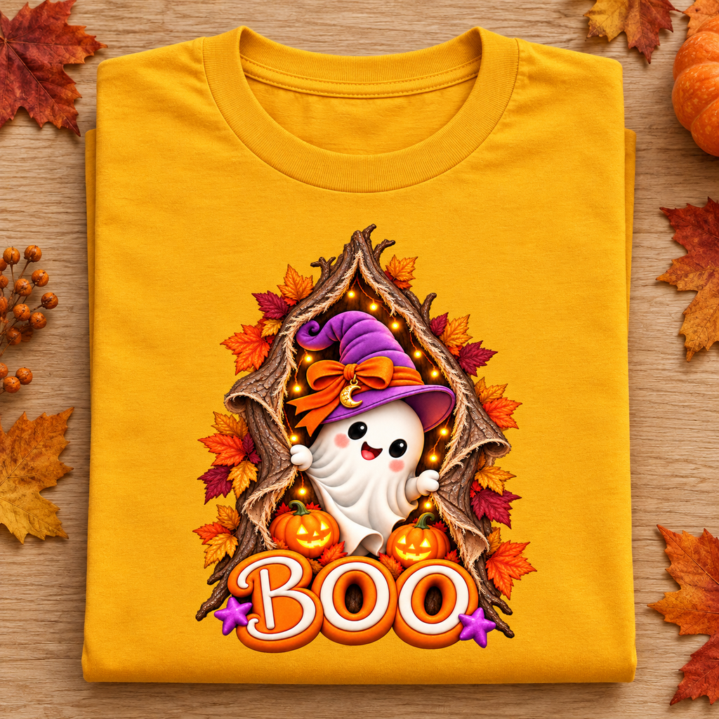 Cute Halloween Ghost PNG, BOO Tree Design with Witch Hat & Pumpkins, Transparent  Digital Download