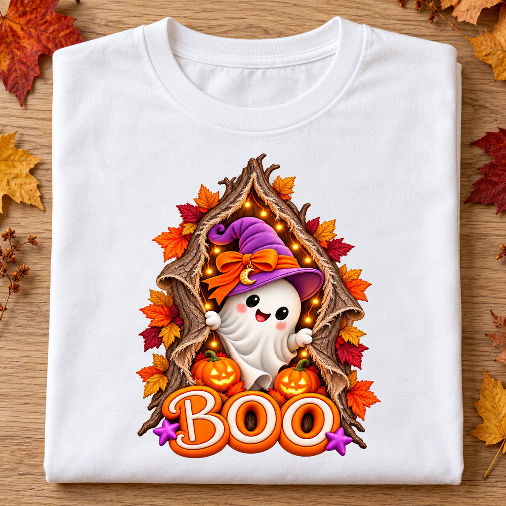 Cute Halloween Ghost PNG, BOO Tree Design with Witch Hat & Pumpkins, Transparent  Digital Download
