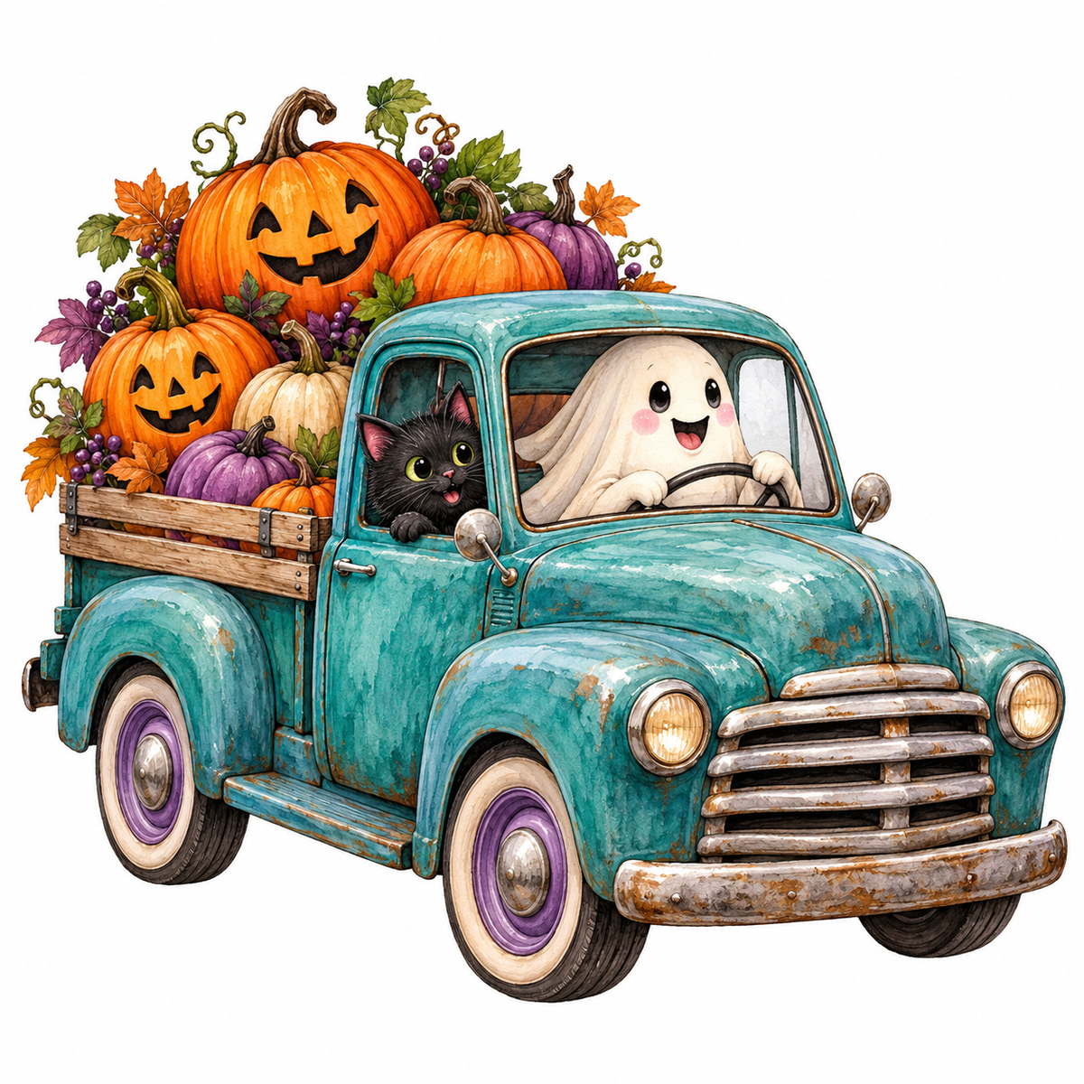 35 Cute Halloween Clipart PNG Bundle, Watercolor Ghosts, Pumpkins, Cats & Witches, Transparent Background, Digital Download