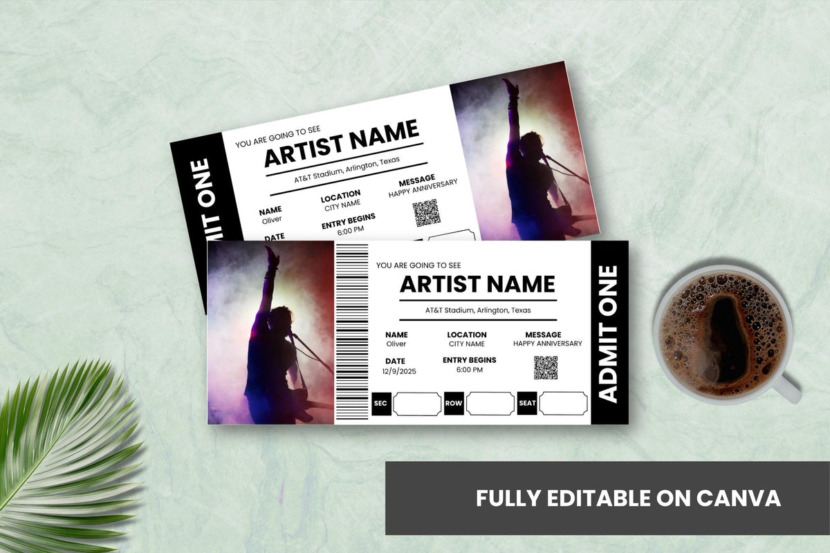 Editable Concert Ticket Template | Music Gift Voucher | Surprise Event Pass | Canva Printable PDF