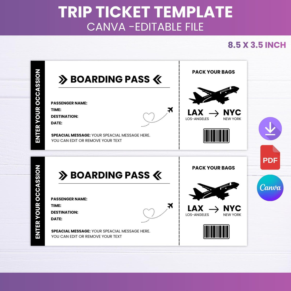 Editable Trip Ticket Template | Black & White Boarding Pass | Travel Gift Printable | Canva PDF