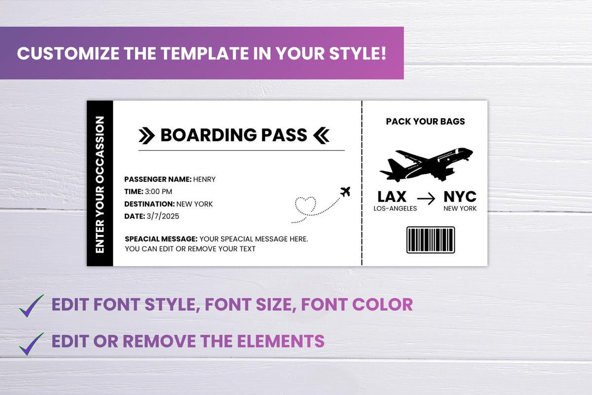 Editable Trip Ticket Template | Black & White Boarding Pass | Travel Gift Printable | Canva PDF