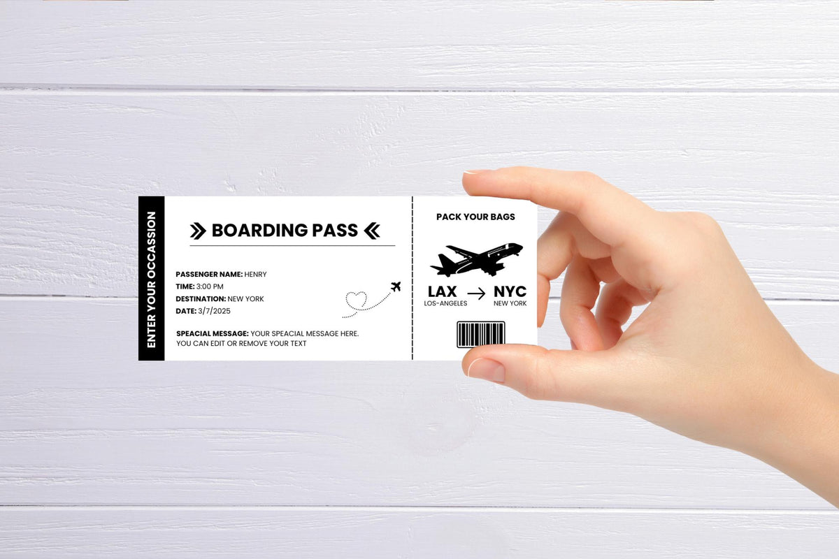 Editable Trip Ticket Template | Black & White Boarding Pass | Travel Gift Printable | Canva PDF
