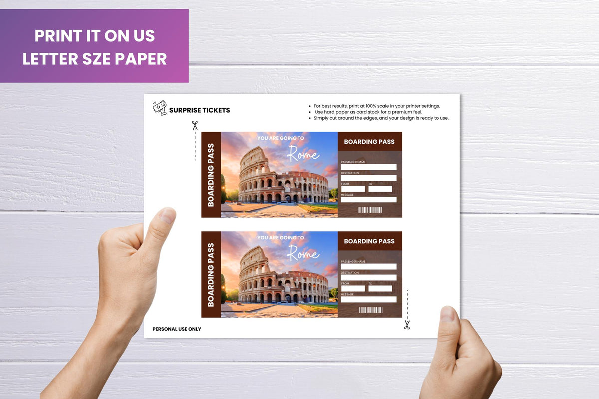 Rome Trip Ticket Template • Surprise Vacation Reveal (Canva Editable, PDF)