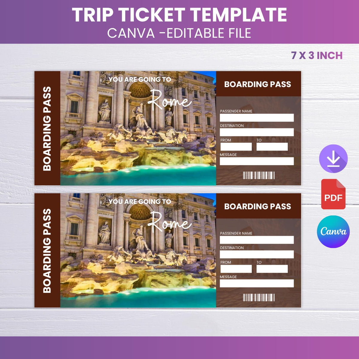 Rome Trip Ticket Template • Surprise Vacation Reveal (Canva Editable, PDF)