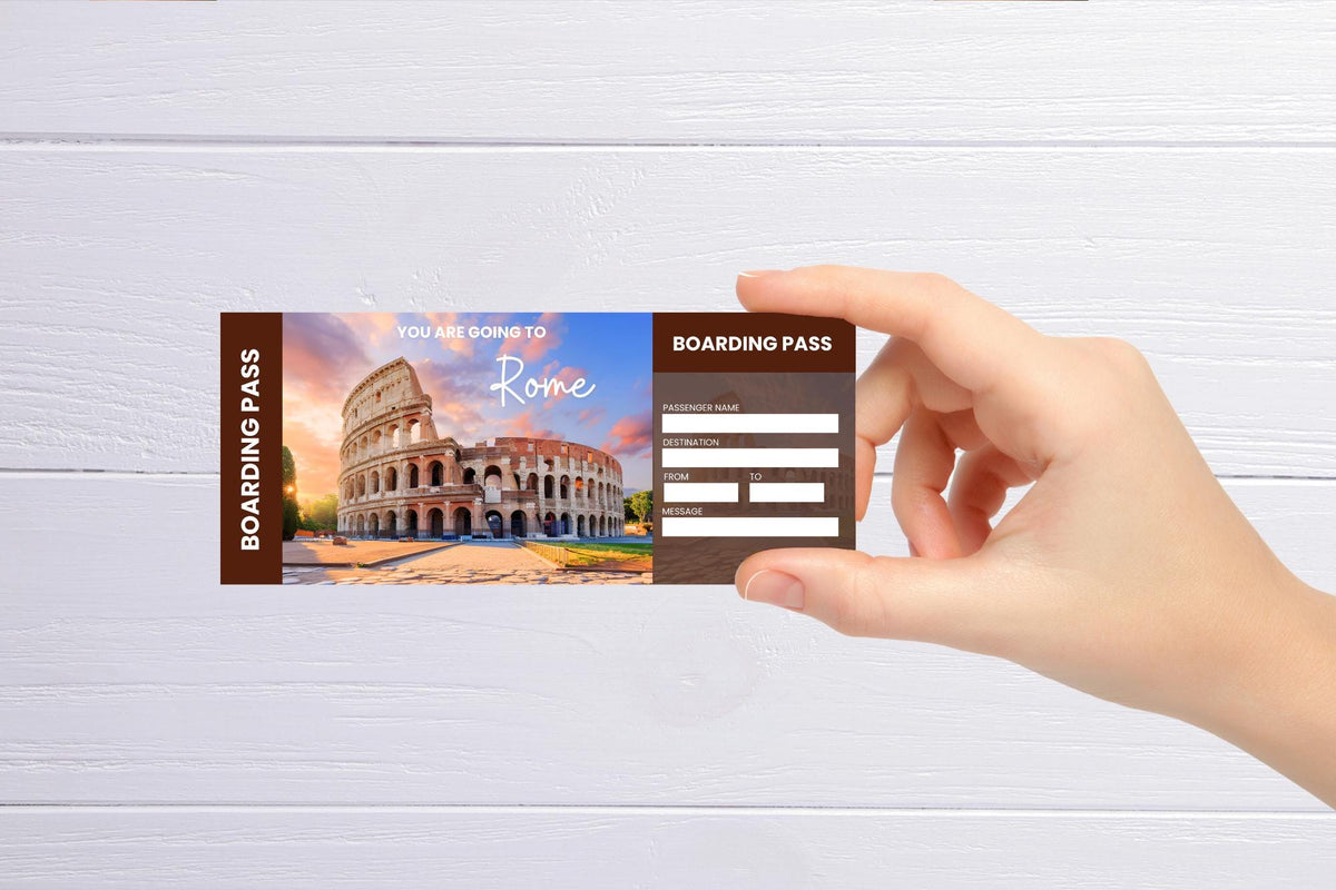 Rome Trip Ticket Template • Surprise Vacation Reveal (Canva Editable, PDF)