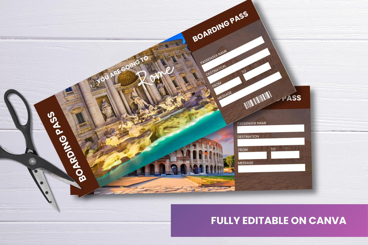 Rome Trip Ticket Template • Surprise Vacation Reveal (Canva Editable, PDF)