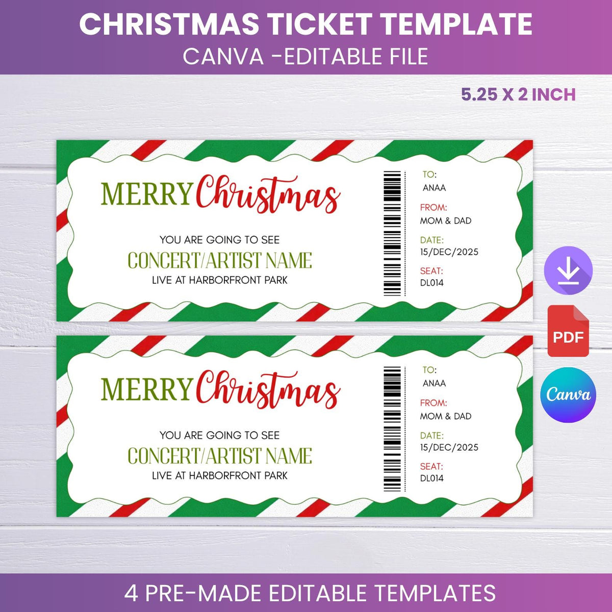 Editable Christmas Gift Ticket Template • Concert Surprise (PDF)