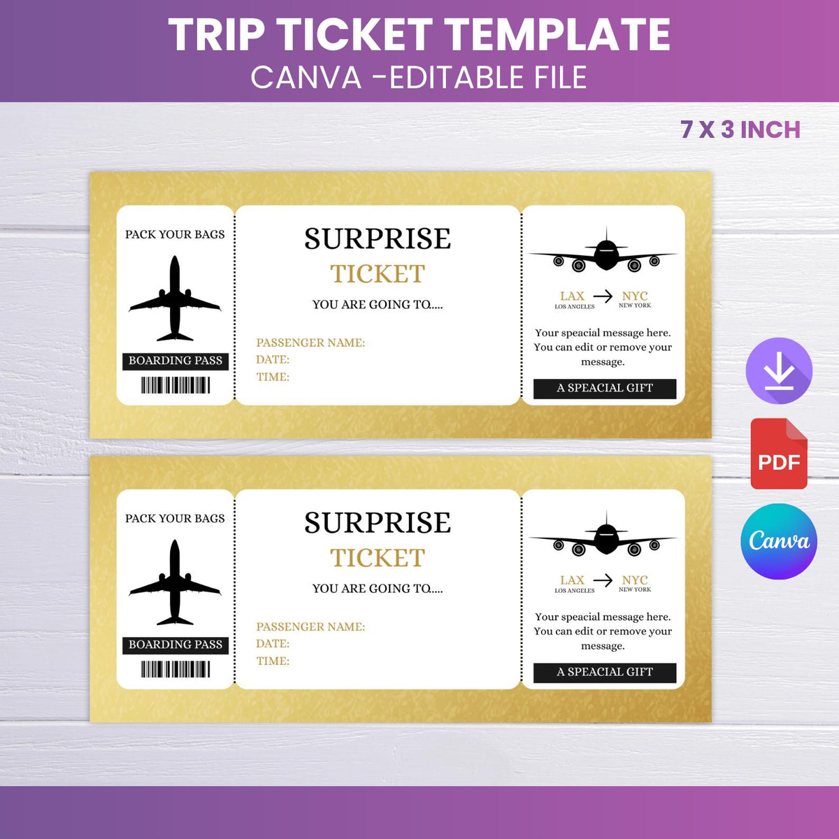Surprise Trip Ticket Template • Editable Vacation Reveal (Canva, PDF)