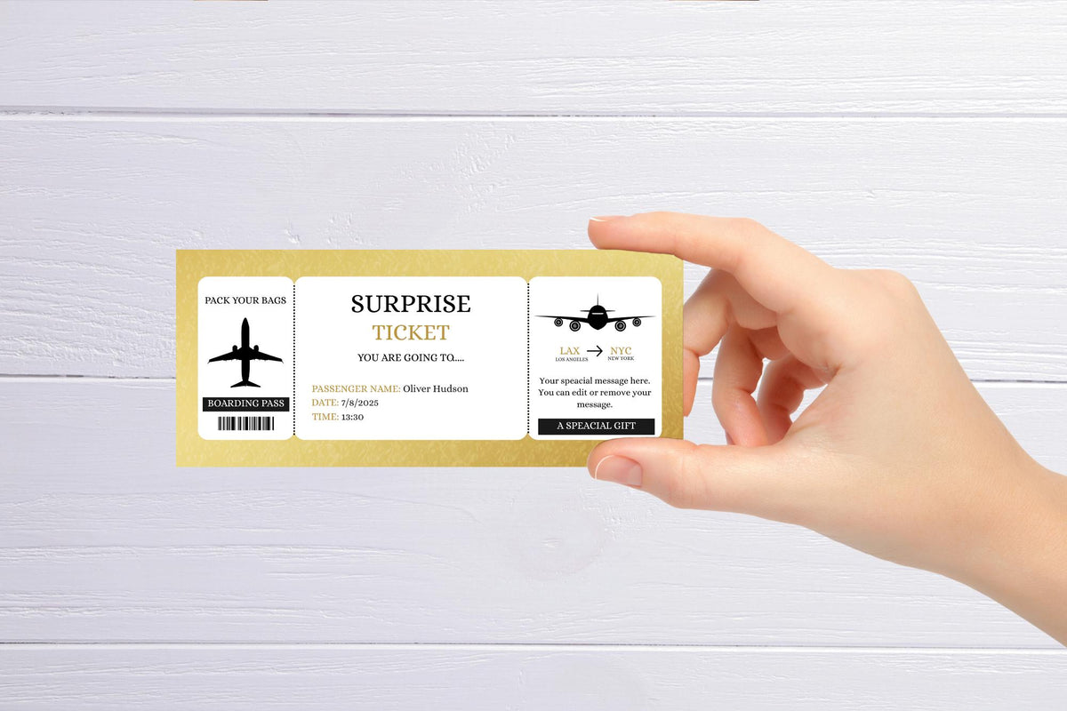 Surprise Trip Ticket Template • Editable Vacation Reveal (Canva, PDF)