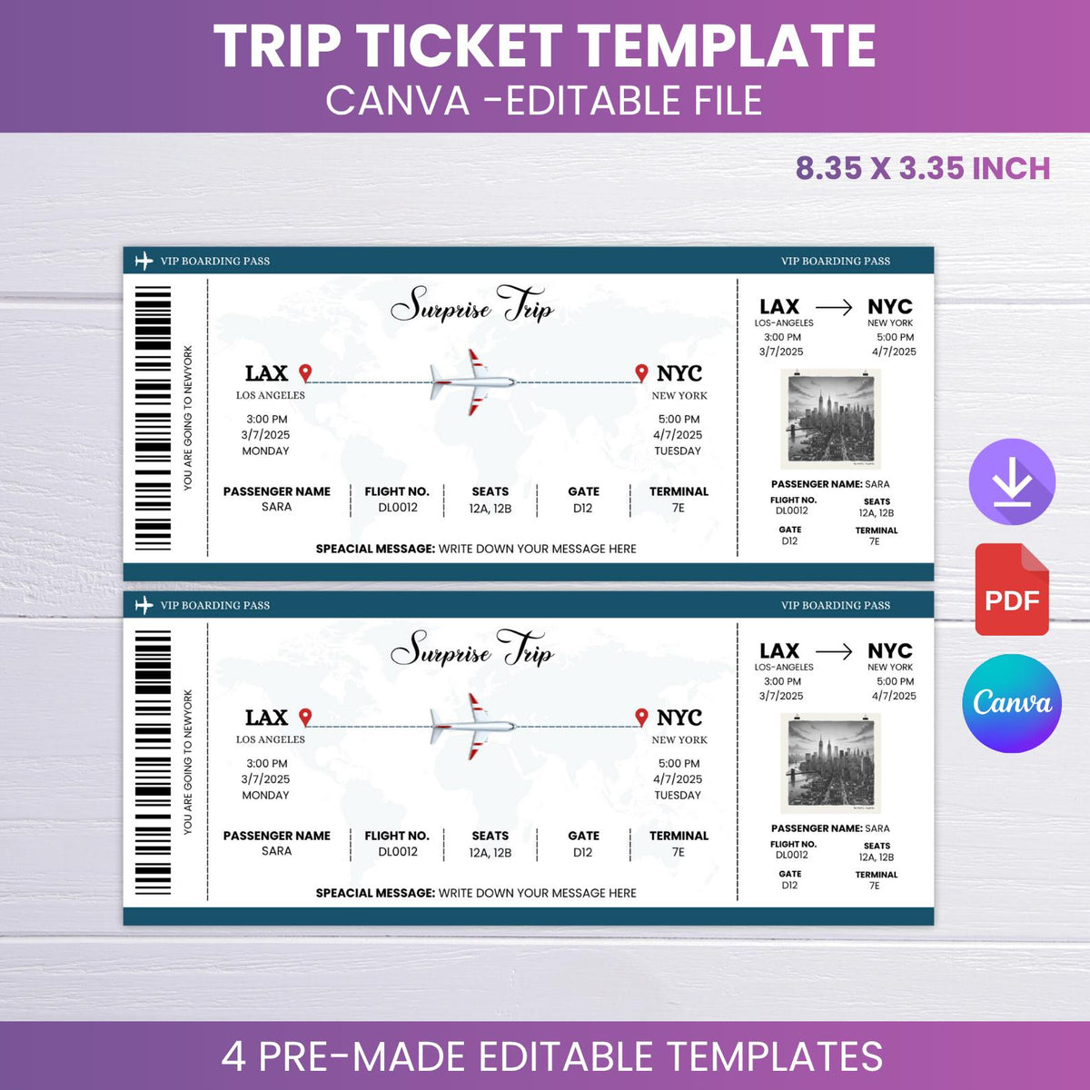 Editable Boarding Pass Template • Surprise Trip Ticket (Digital Download)