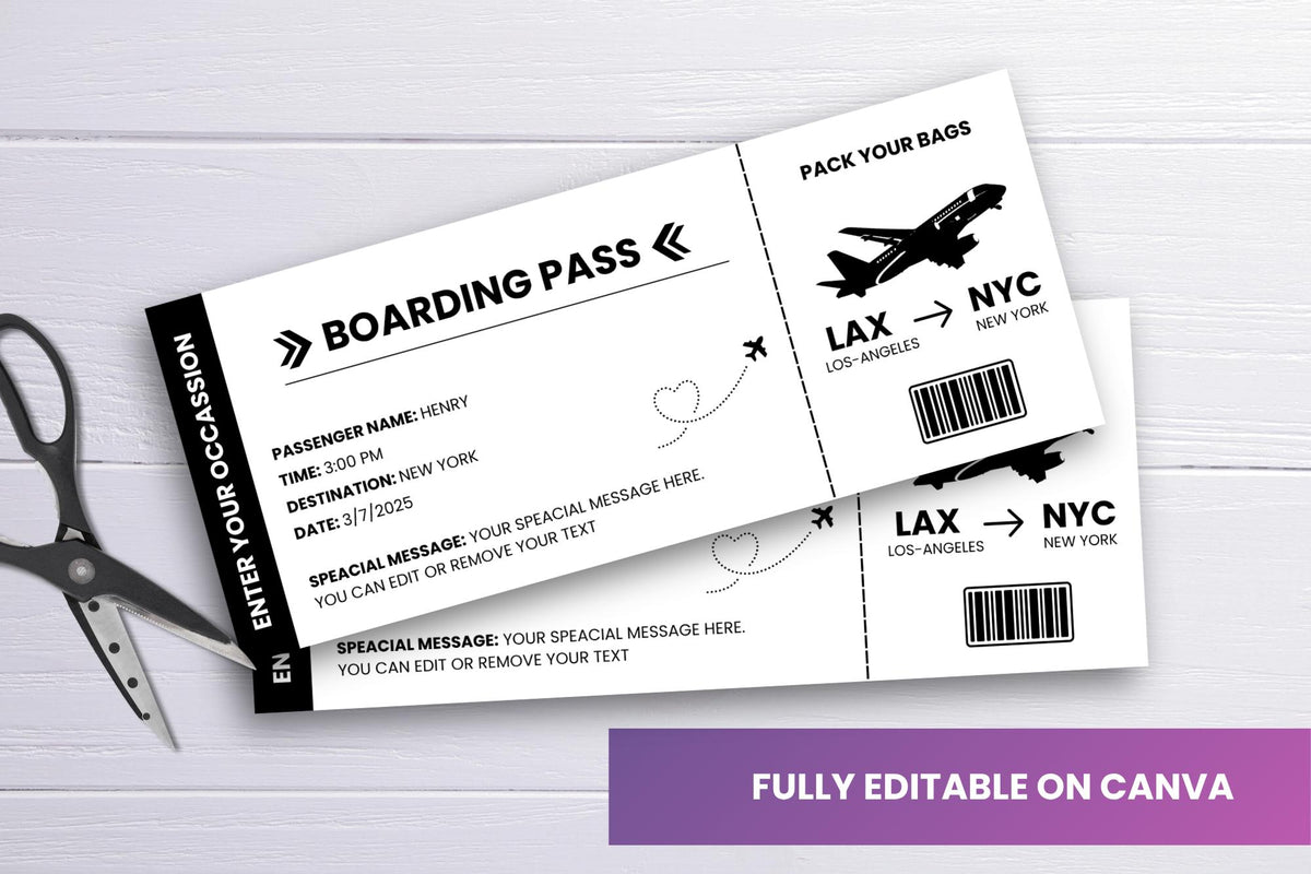 Editable Trip Ticket Template | Black & White Boarding Pass | Travel Gift Printable | Canva PDF