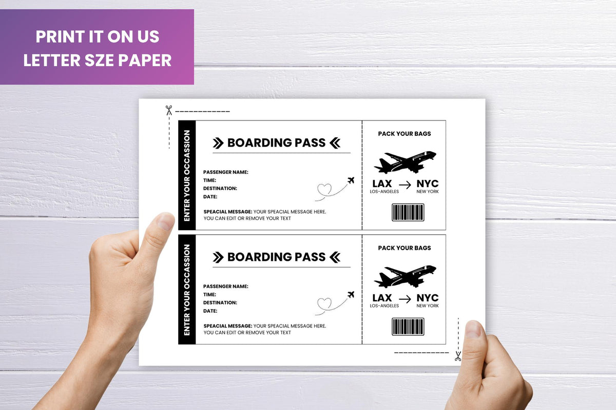 Editable Trip Ticket Template | Black & White Boarding Pass | Travel Gift Printable | Canva PDF