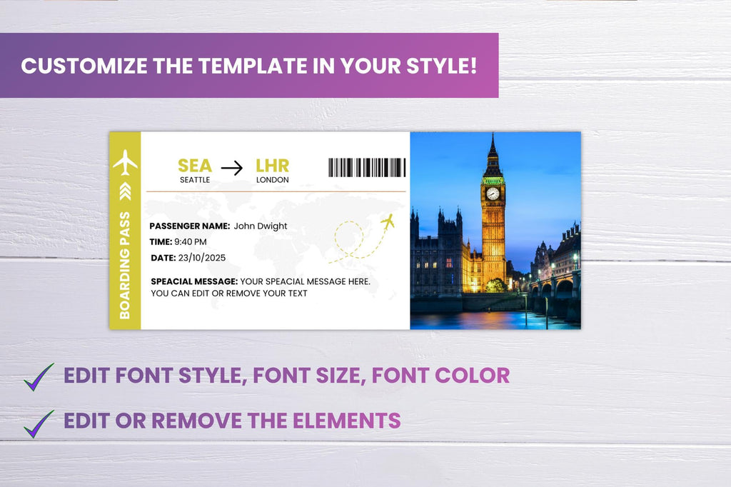 Editable Boarding Pass Template • Surprise Vacation Reveal (Digital Download)