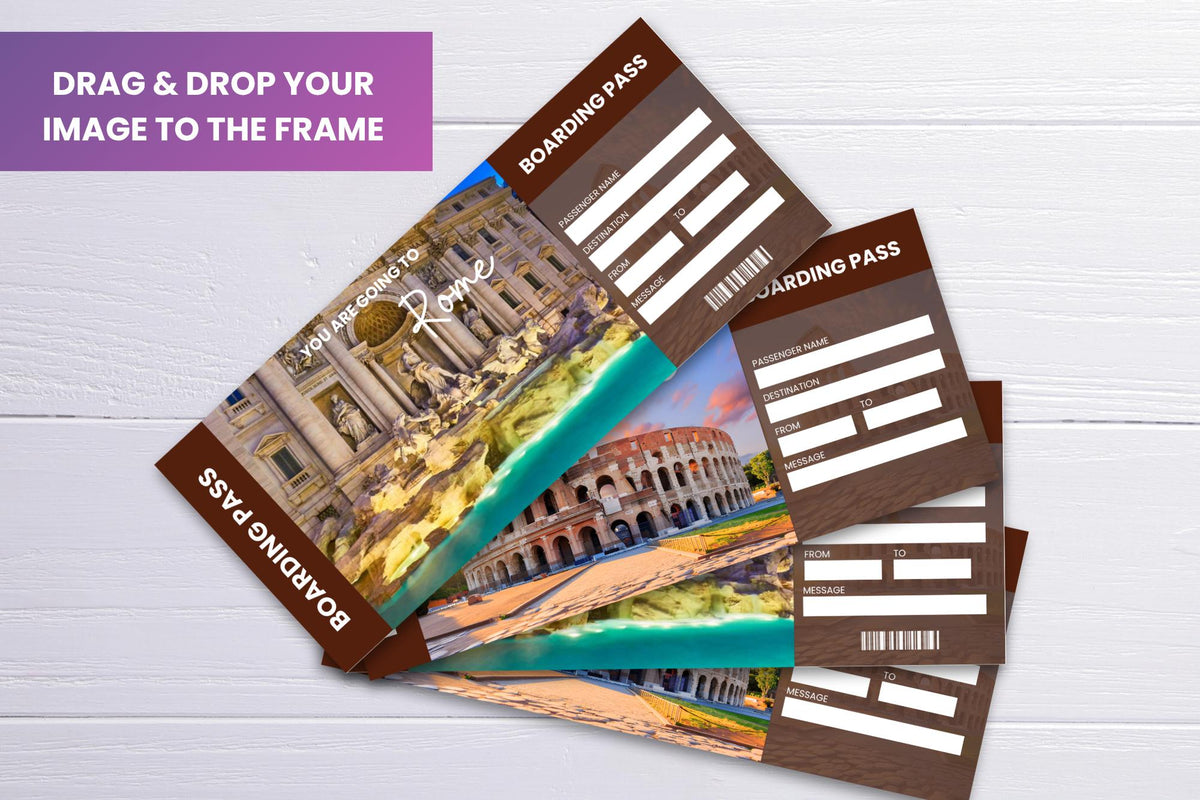 Rome Trip Ticket Template • Surprise Vacation Reveal (Canva Editable, PDF)