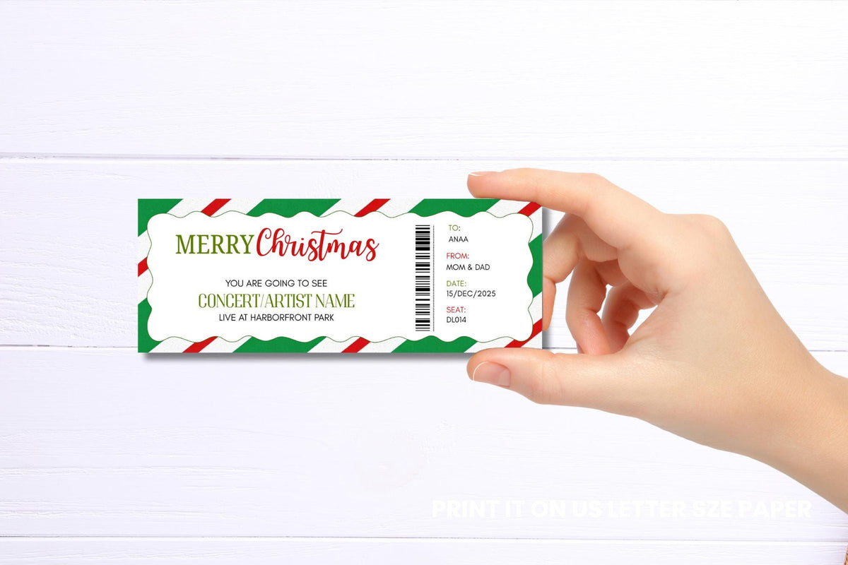 Editable Christmas Gift Ticket Template • Concert Surprise (PDF)