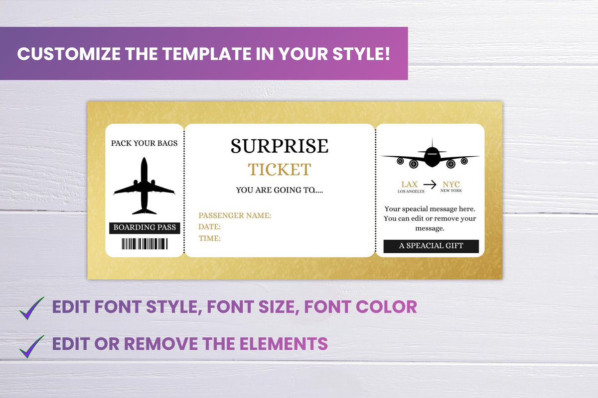 Surprise Trip Ticket Template • Editable Vacation Reveal (Canva, PDF)