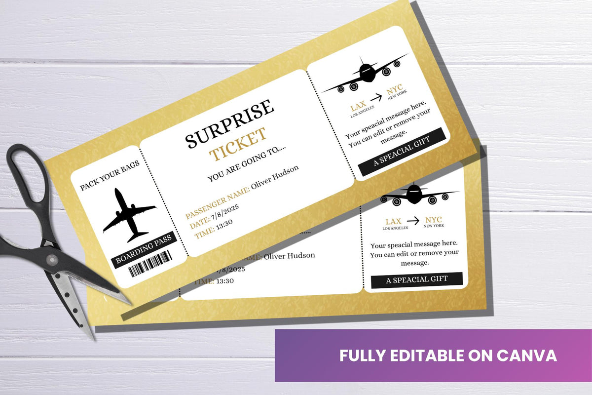 Surprise Trip Ticket Template • Editable Vacation Reveal (Canva, PDF)