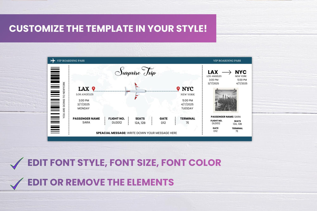 Editable Boarding Pass Template • Surprise Trip Ticket (Digital Download)
