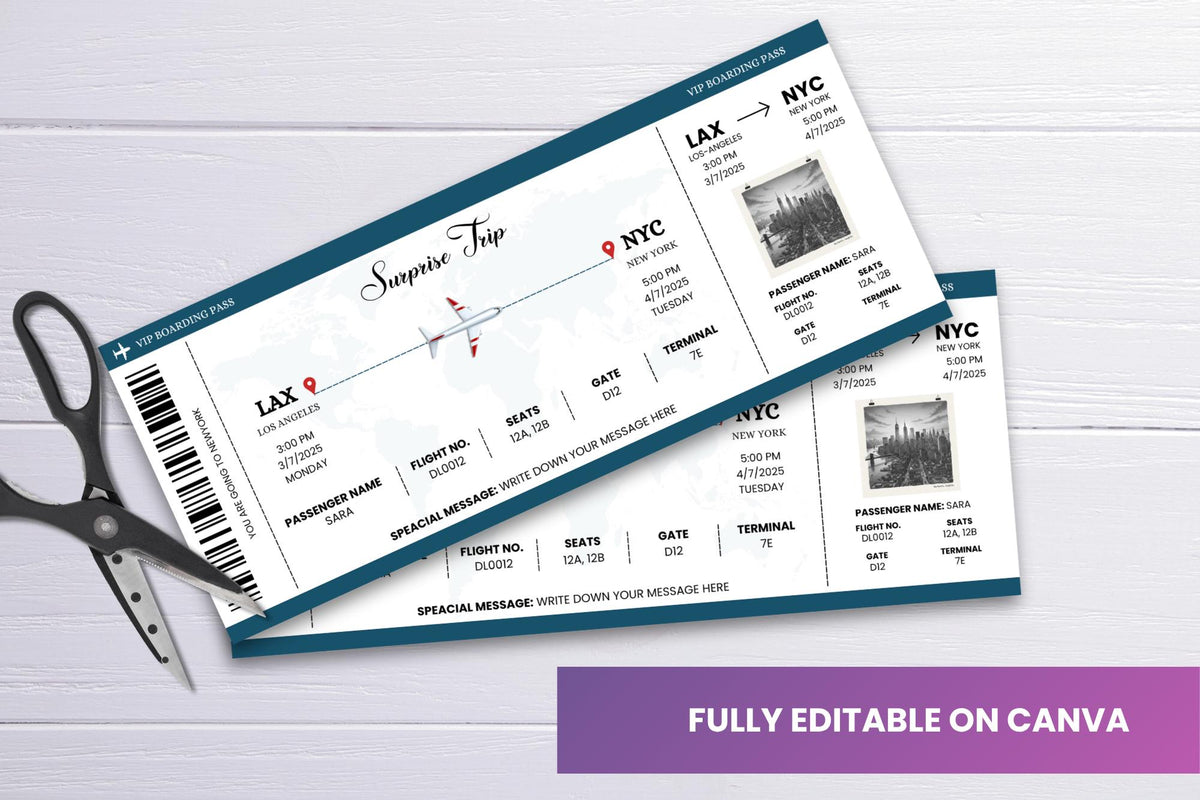 Editable Boarding Pass Template • Surprise Trip Ticket (Digital Download)