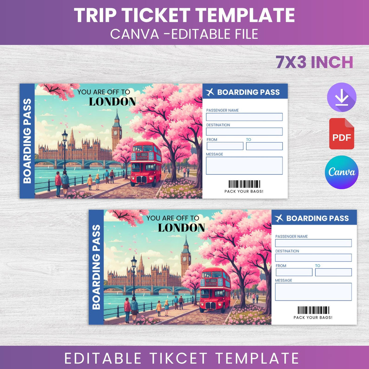 London Trip Ticket Template | Editable Boarding Pass (Canva PDF)