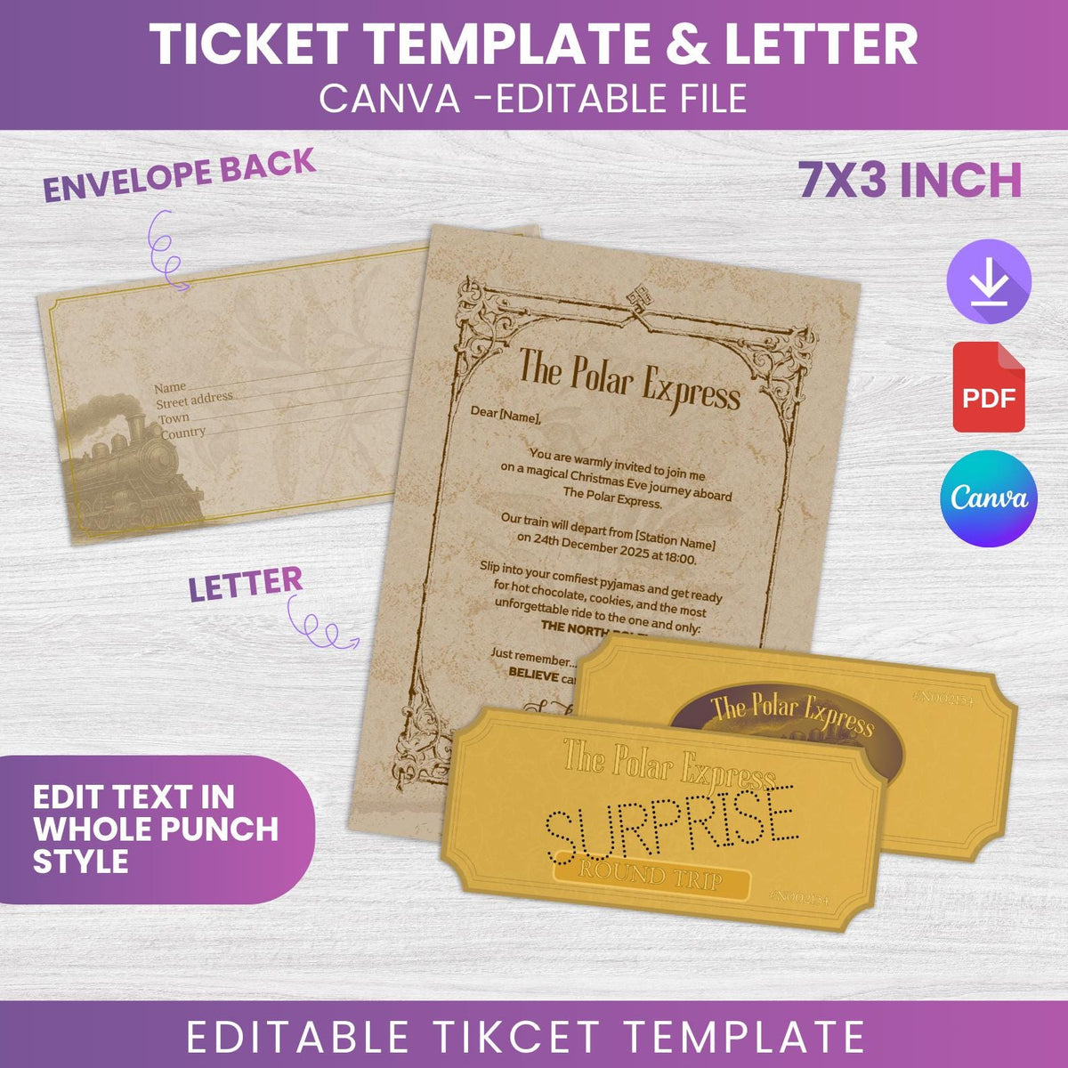 Editable Christmas Train Ticket & Letter, Golden Surprise (Canva, PDF)