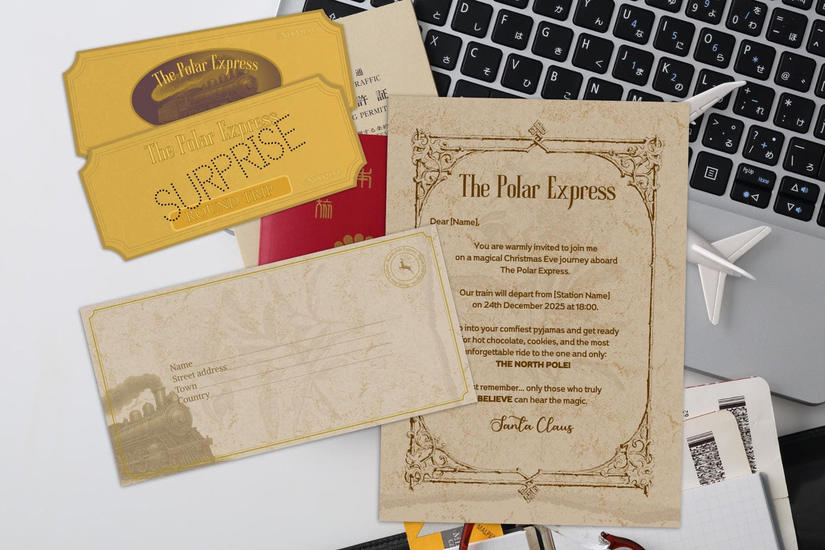 Editable Christmas Train Ticket & Letter, Golden Surprise (Canva, PDF)