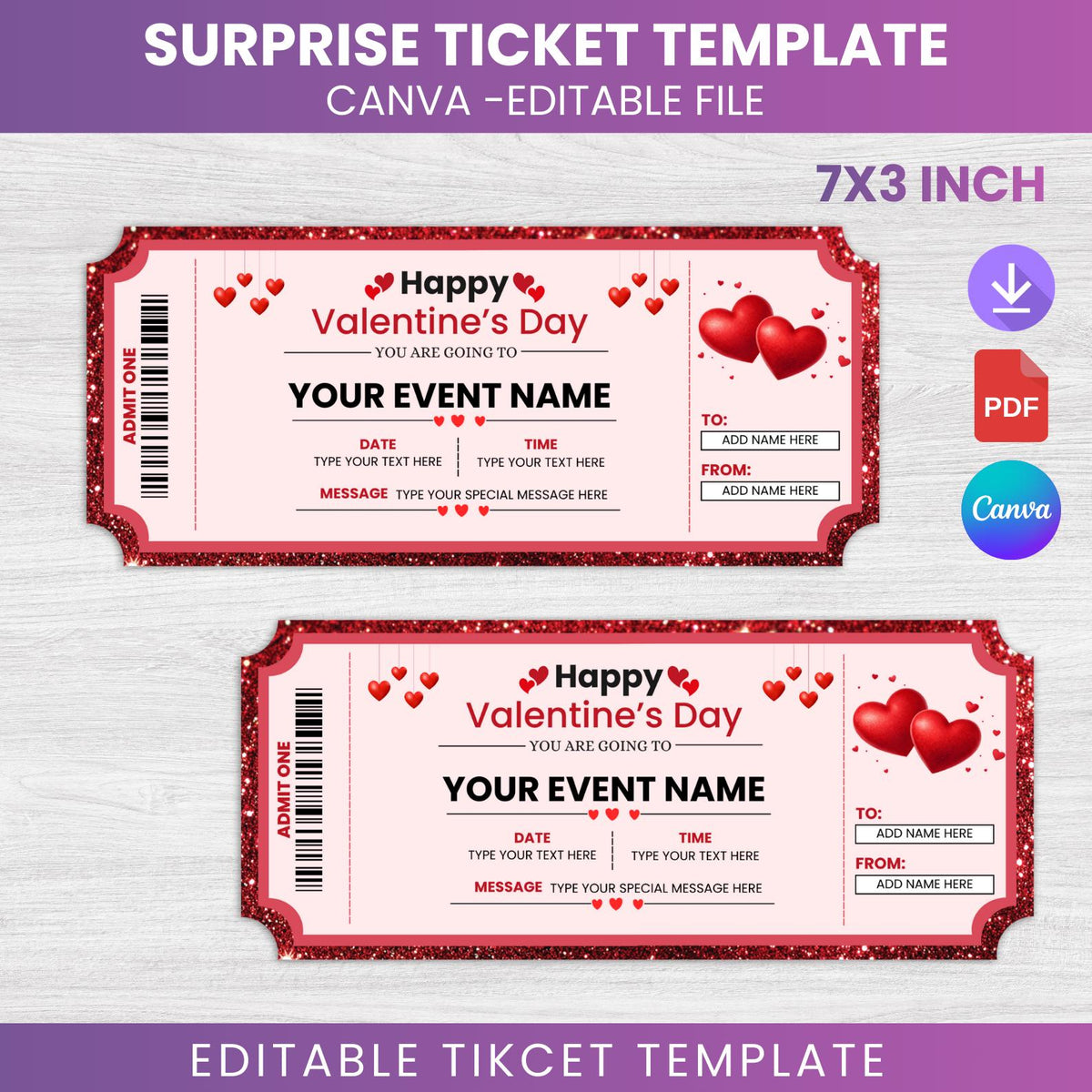 Valentine's Day Surprise Ticket Template, Editable Canva Invite (Digital Download)