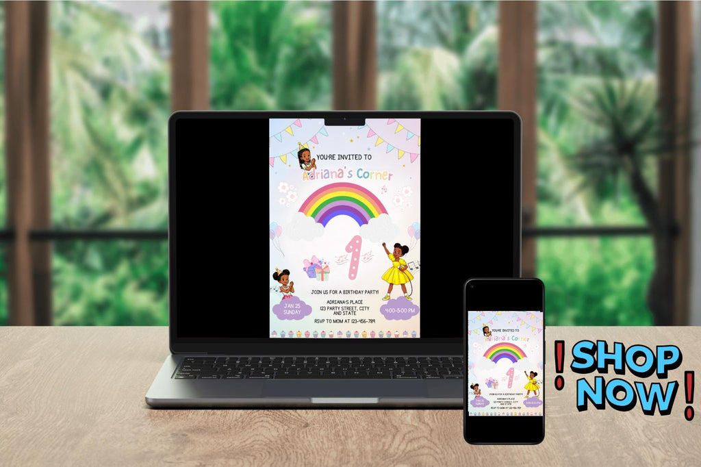 Rainbow First Birthday Invitation, Girl Party, Canva Editable (5x7 Printable Card)