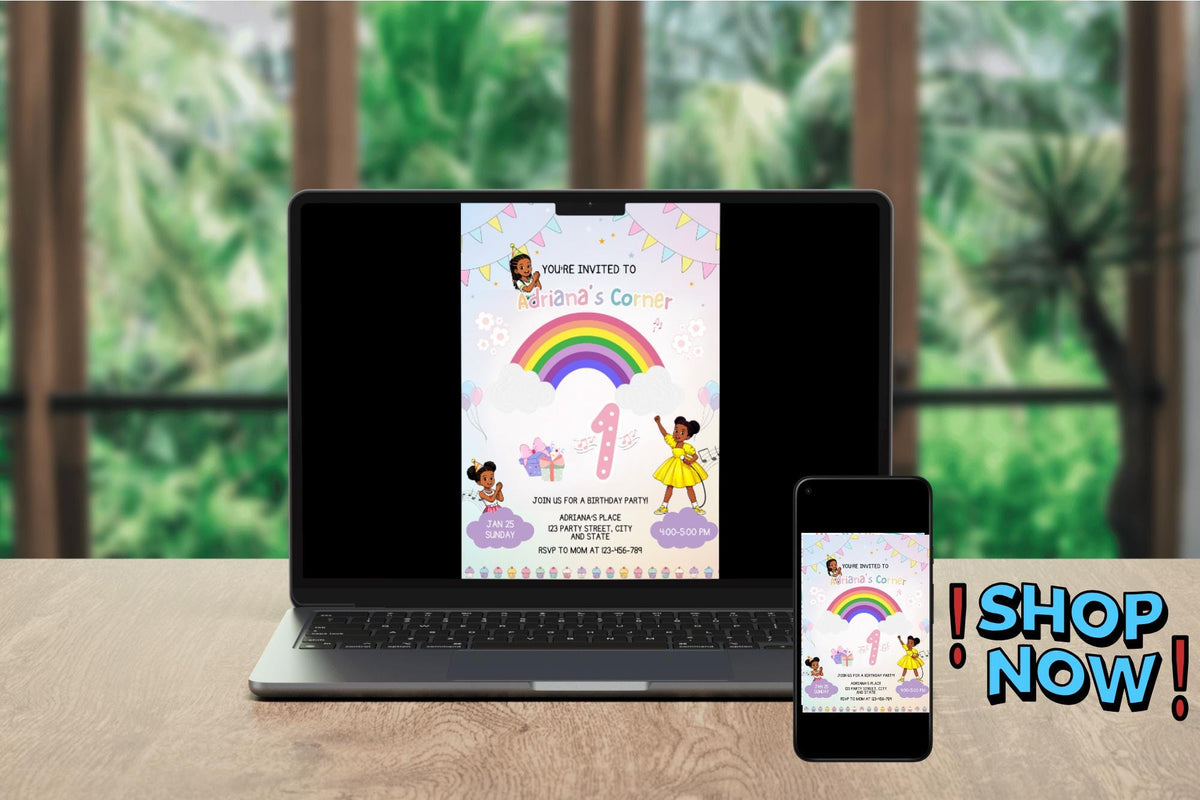 Rainbow First Birthday Invitation, Girl Party, Canva Editable (5x7 Printable Card)