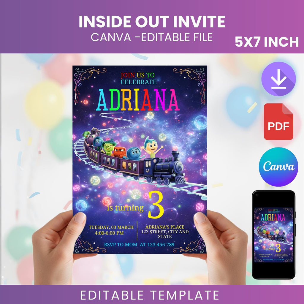 Space Train Birthday Invitation, Galaxy Party, Editable Canva Template (Digital Download 5x7 PDF PNG