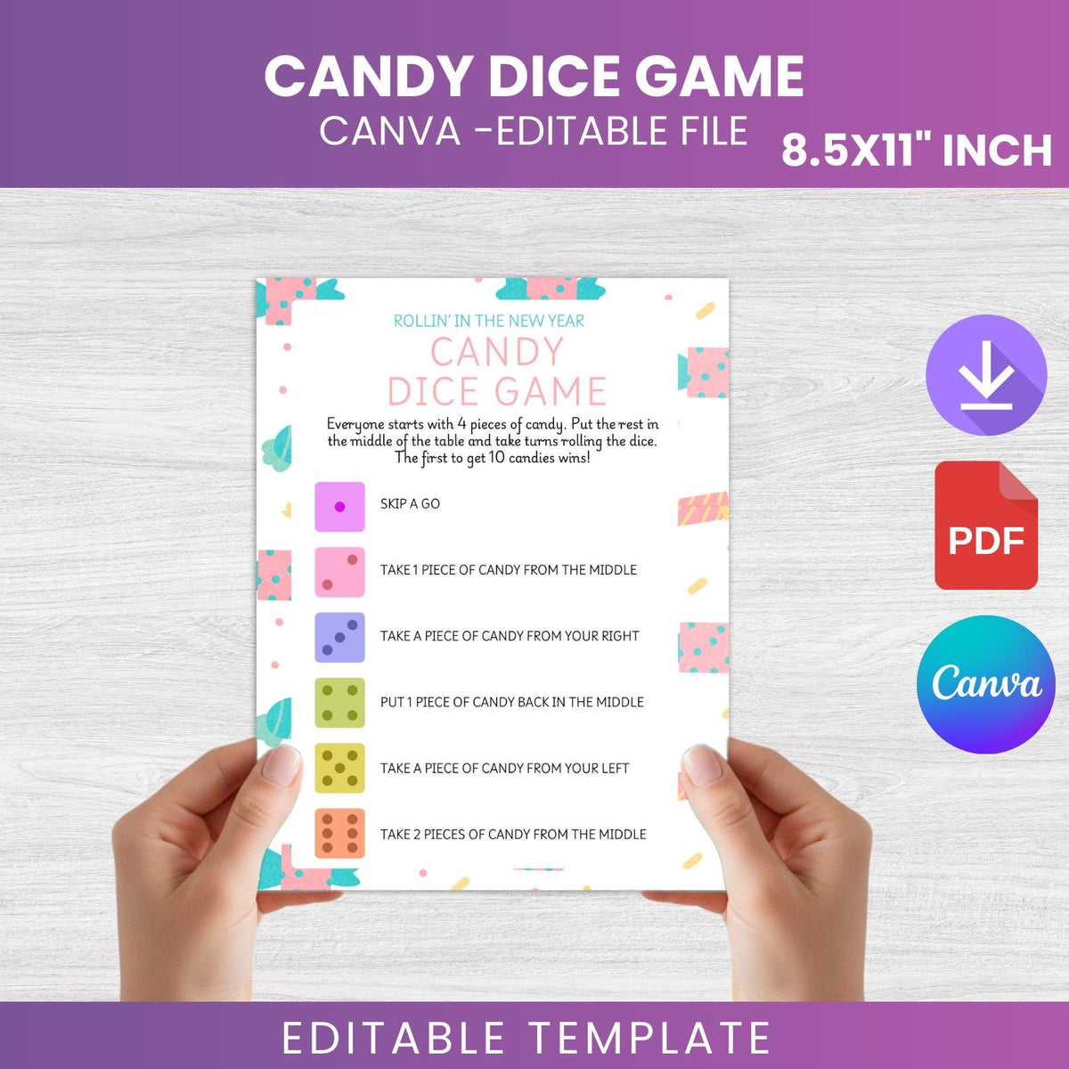 Candy Dice Game Printable, Kids Party Game, Canva Editable