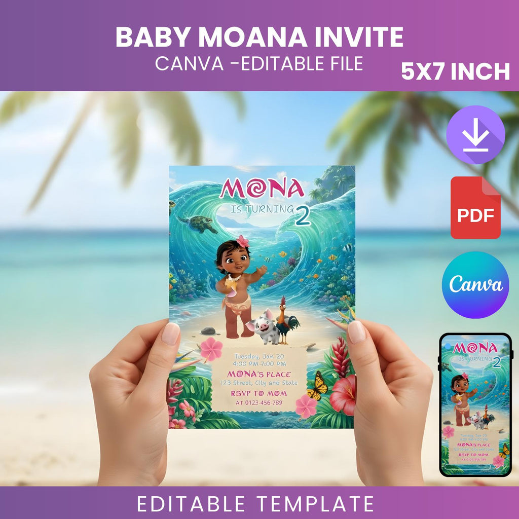 Tropical Baby Girl Birthday Invitation, Hawaiian Luau Party Invite (Editable Canva Template)