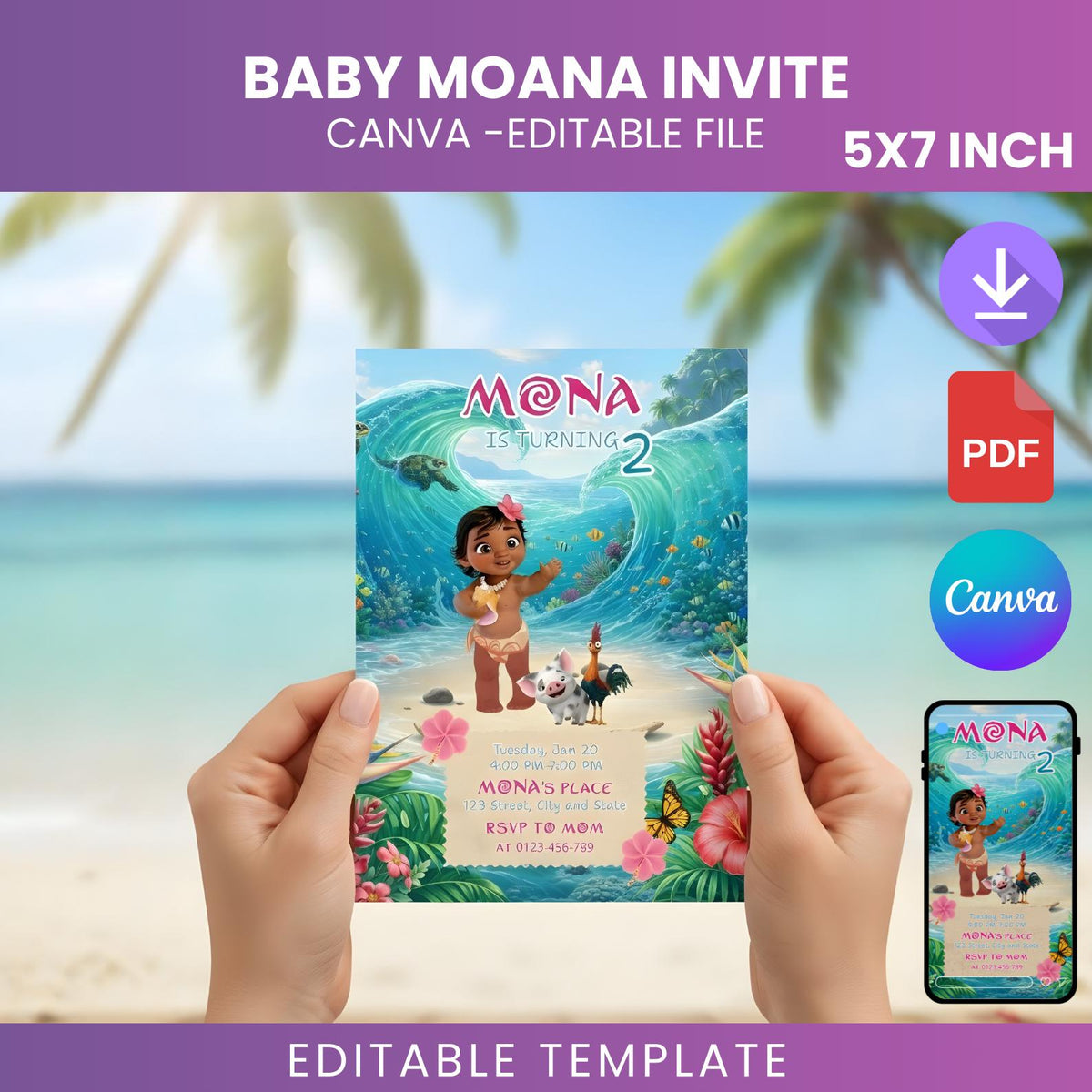 Tropical Baby Girl Birthday Invitation, Hawaiian Luau Party Invite (Editable Canva Template)